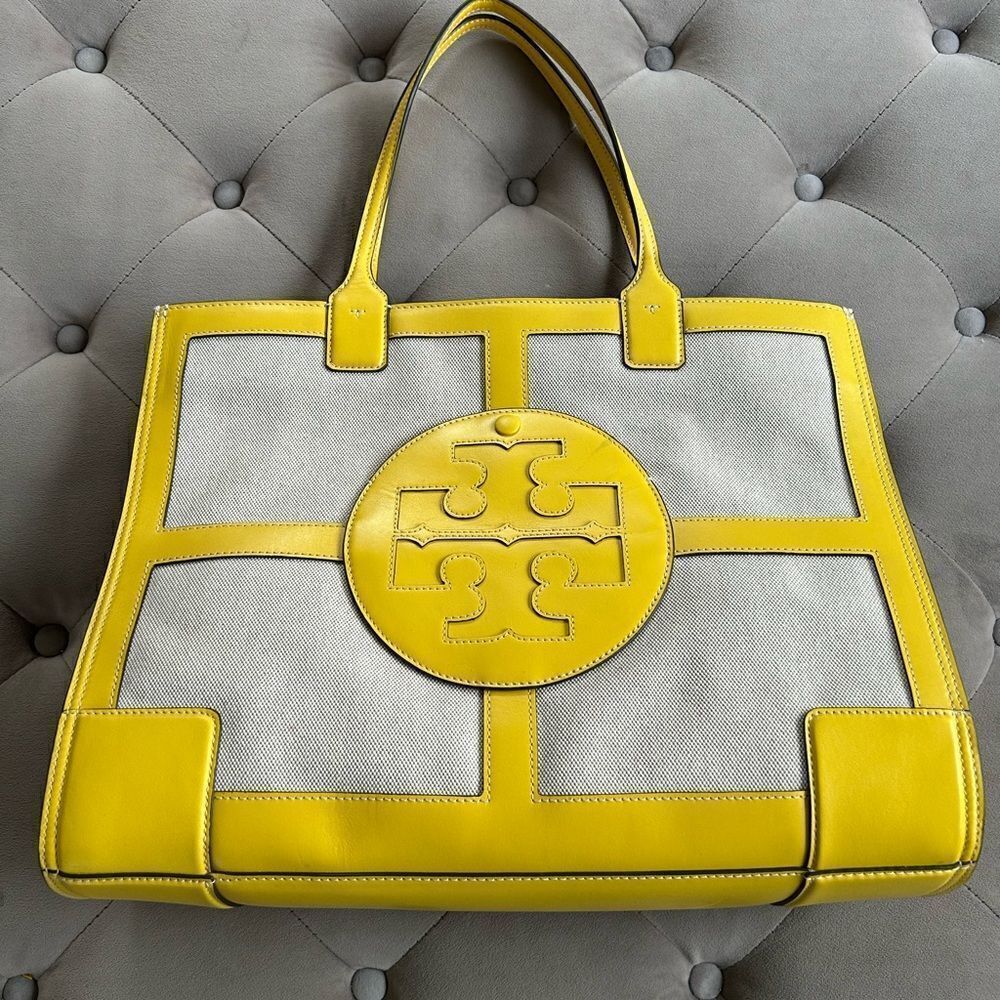 Tory Burch Leather Trim Canvas Tote Bag yellow